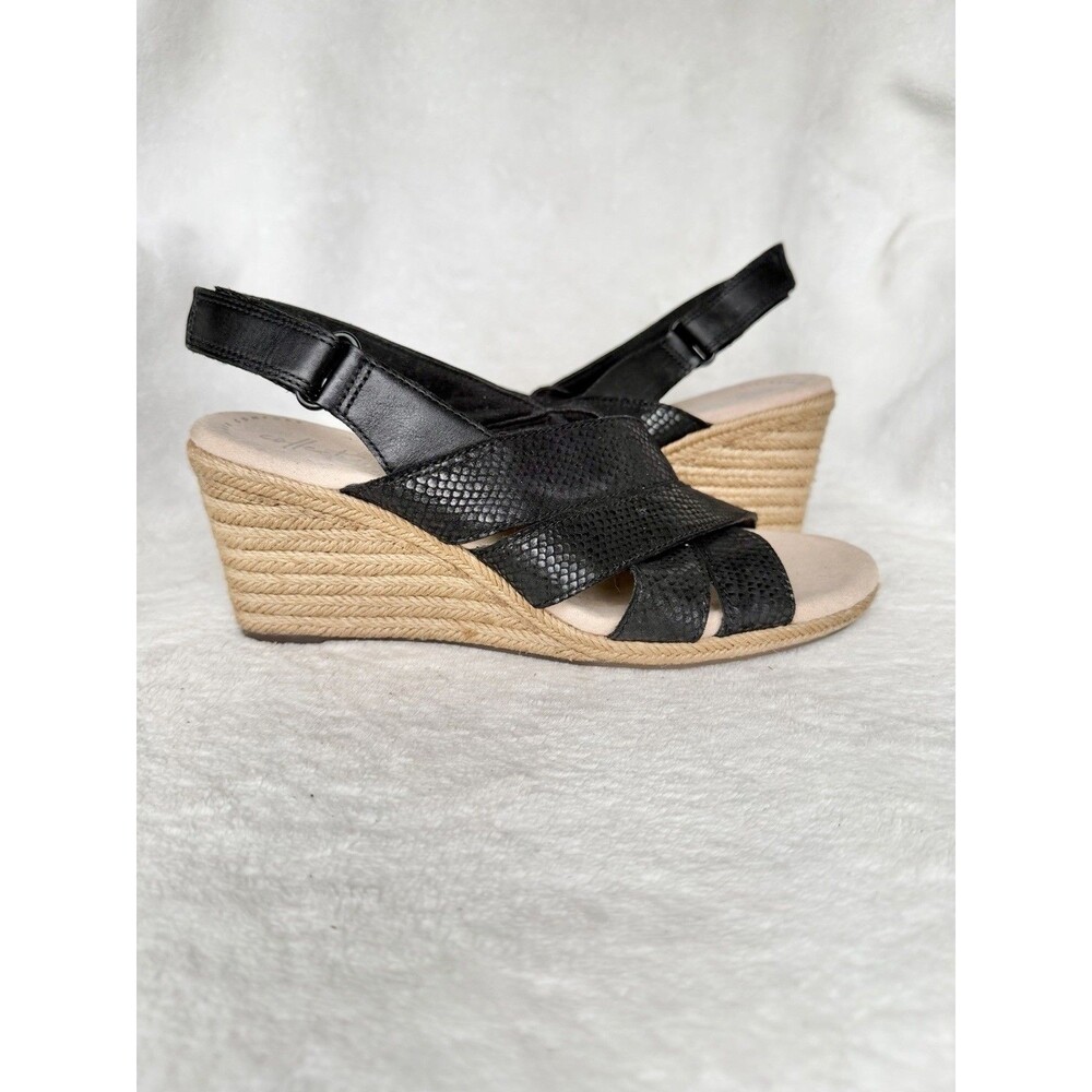 Clarks Black Leather Hill Slingback Espadrille Wedges Sandals Size 8 NEW